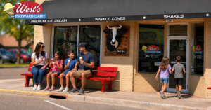 Family enjoying ice cream cones on the red bench outside West's Hayward Dairy