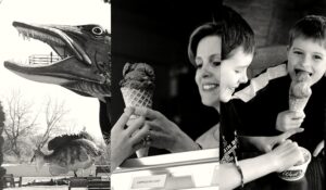 black white of fish and people eating ice cream