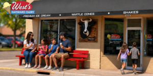 Family enjoying ice cream cones on the red bench outside West's Hayward Dairy
